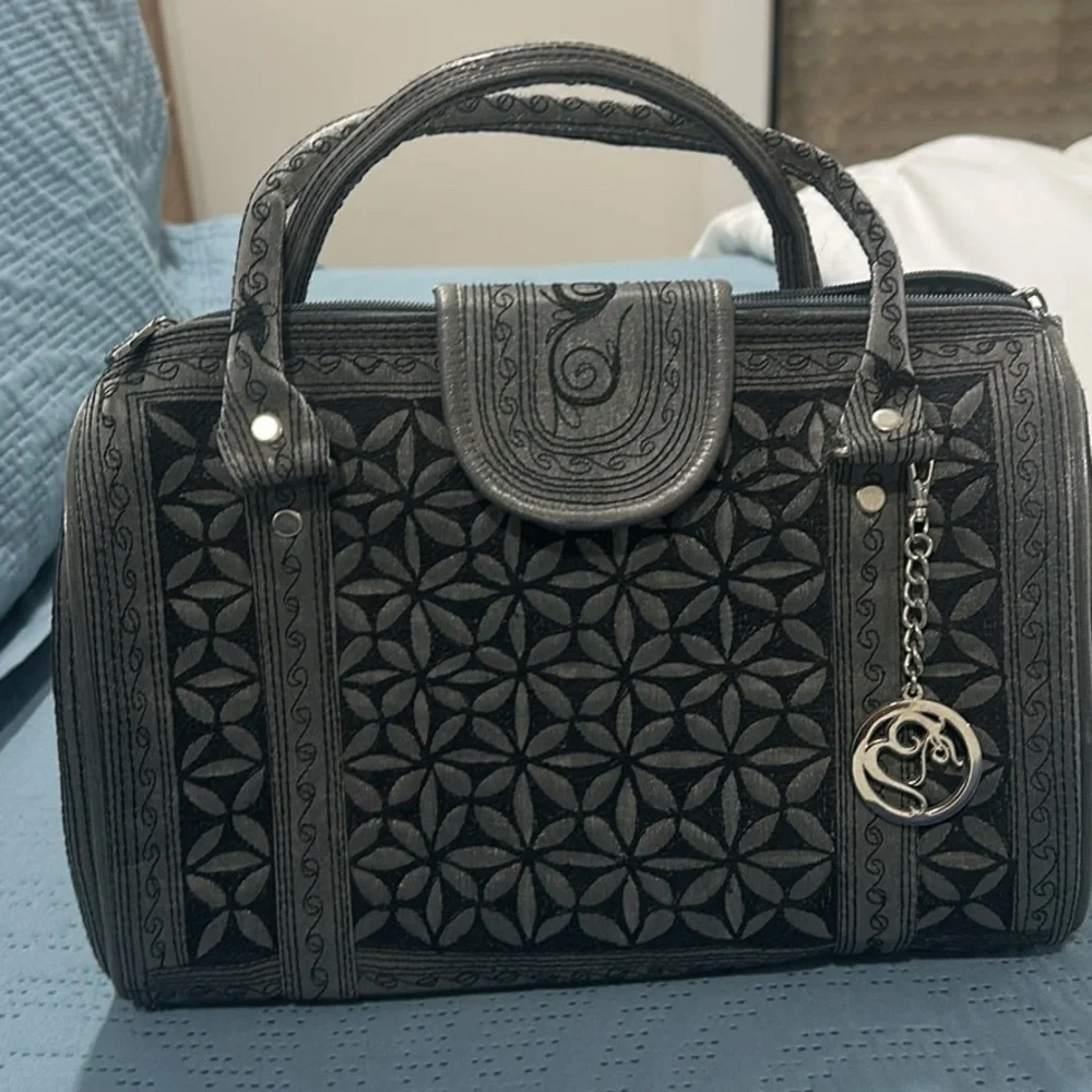 Embroidered Black Satchel with Patterned Detail